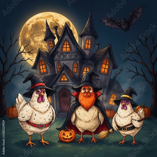 Three chickens dressed as witches stand in front of a spooky haunted house with a full moon and a bat flying in the night sky.