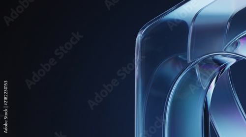 Dynamic abstract composition of translucent blue and purple glass-like curves, casting subtle reflections on a deep dark background, evoking a modern and elegant futuristic feel