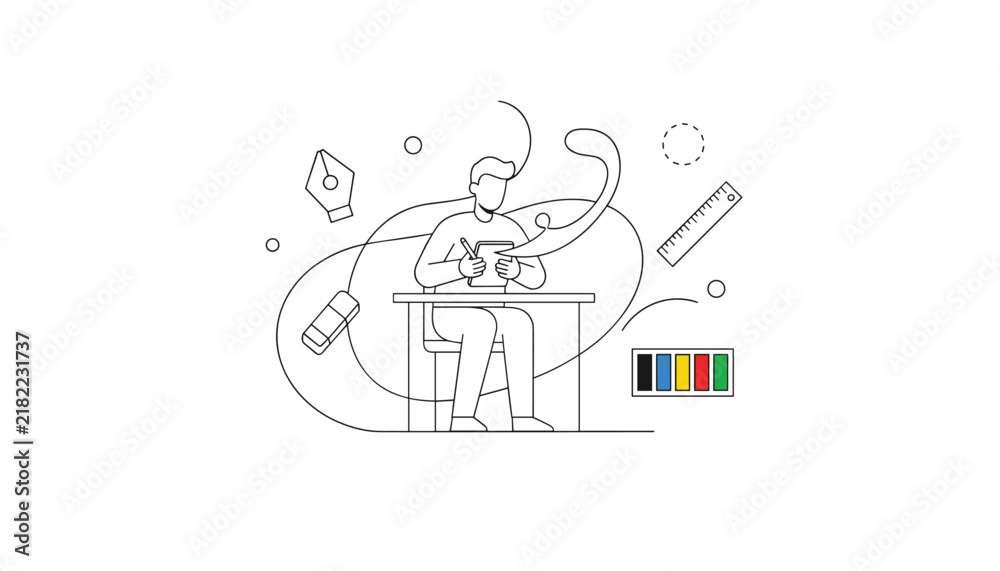 Naklejka premium Creative designer sketch concept illustrating a male artist sitting at a desk and creating digital illustrations with various design tools.