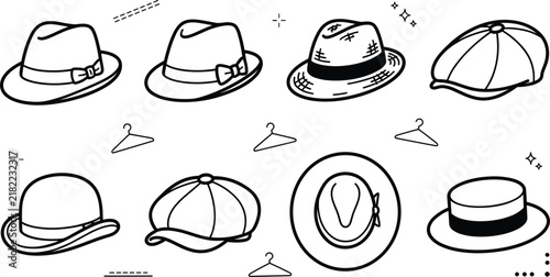 Bild auf Leinwand Classic men hat collection line art vector illustration set with fedora panama b