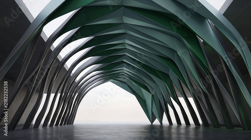 Low angle view of a modern architectural structure with repeating arched steel beams and bright white light