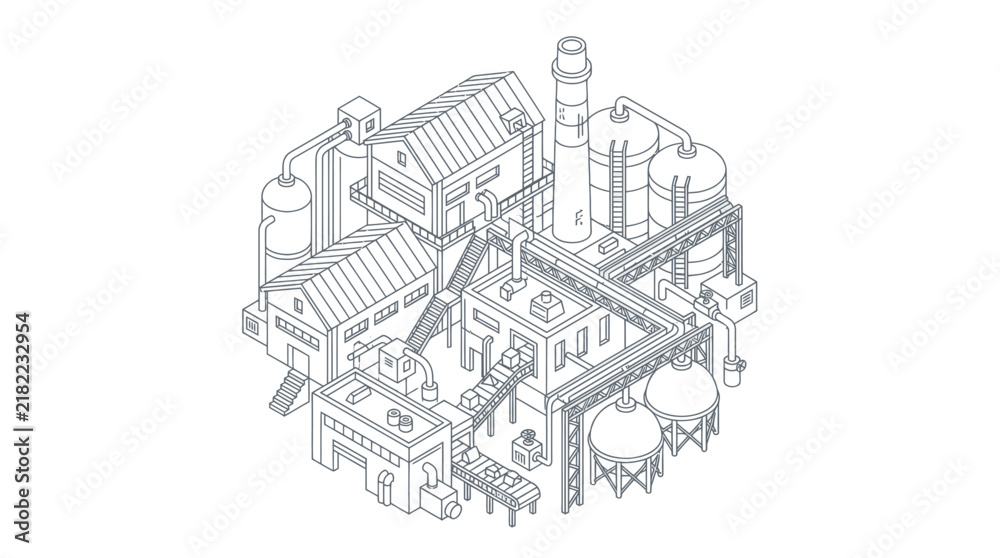 Fototapeta premium Isometric factory complex with multiple buildings and industrial structures.