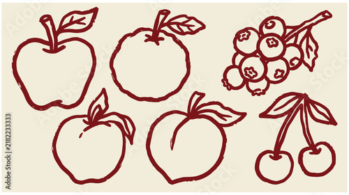 Red hand-drawn sketch style icons of mixed fruit including apples peaches blueberries cherries with line art cream background blueberries cherries illustration nutrition vegetarian