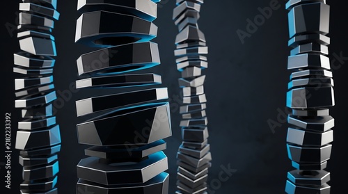 Abstract background featuring vertical columns of stacked metallic plates with reflective surfaces and dark moody lighting effects