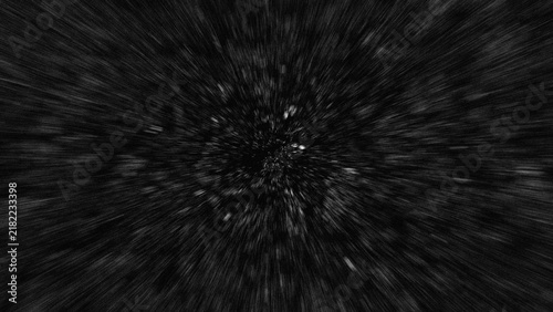 Abstract motion blur of tiny white particles against a dark background with radial zoom effect for conceptual backgrounds