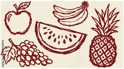 Hand drawn doodle illustration of mixed fruits like apple banana watermelon grape and pineapple with line art raw food watermelon pineapple illustration minimalist collection vitamins