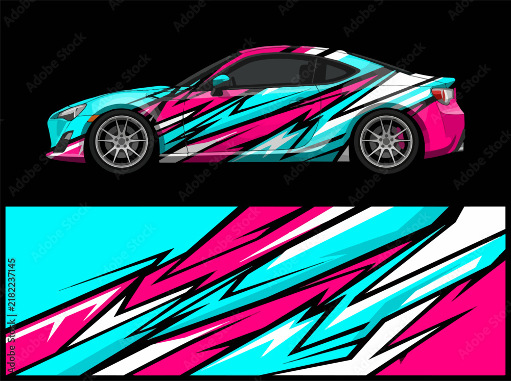 Naklejka premium Colorful sports car with dynamic abstract wrap design