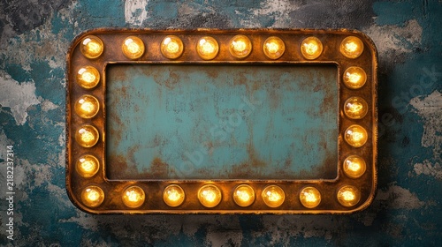 The image features a rectangular vintage style frame with rounded corners, illuminated by evenly spaced warm yellow bulbs along its border