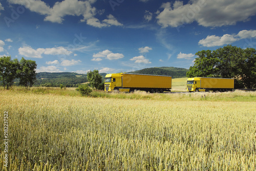 A truck on a highway drives through a wide landscape, transporting goods