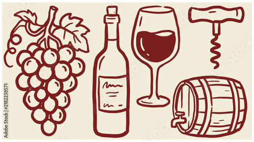 Hand drawn large cluster of grapes wine bottle glass and barrel vector design with corkscrew illustration beverage vineyard grapevine restaurant traditional agriculture drinkware