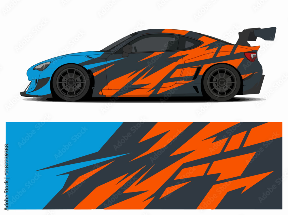 Naklejka premium Blue and orange sports car with dynamic racing design