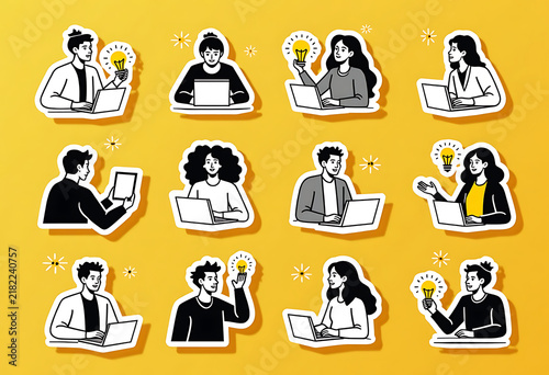 Business people collaborating with laptops and light bulbs, illustrating teamwork and innovation.