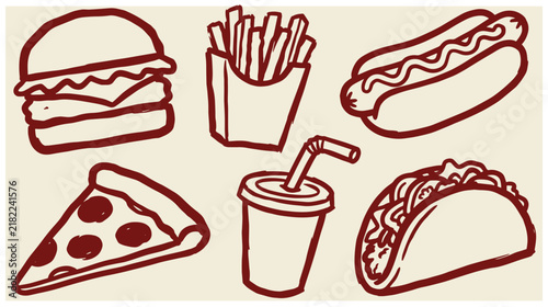 Fast food sketch collection featuring burger french fries hot dog pizza slice drink and taco junk food hand drawn collection fastfood restaurant illustration beverage american