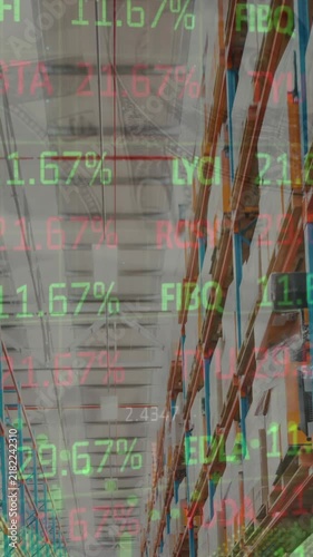 Animation of stock market and financial data processing over empty warehouse