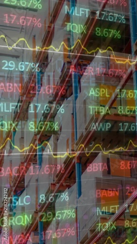 Animation of stock market and financial data processing over empty warehouse