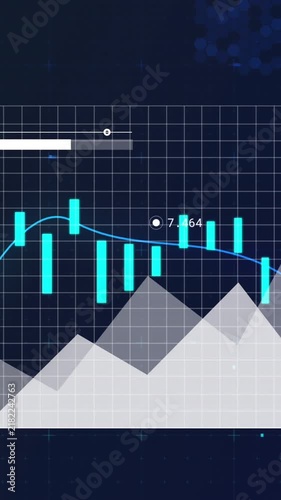 Animation of statistical data processing over hexagonal shapes against blue background