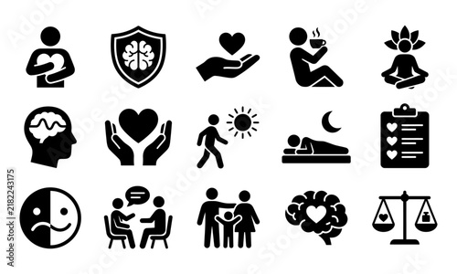 A collection of black icons representing mental health awareness and wellness for world mental health day concepts
