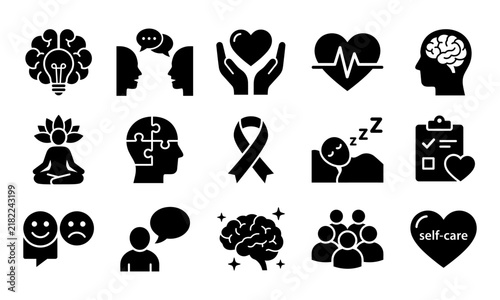 A collection of black icons representing mental health awareness for world mental health day and psychological support services