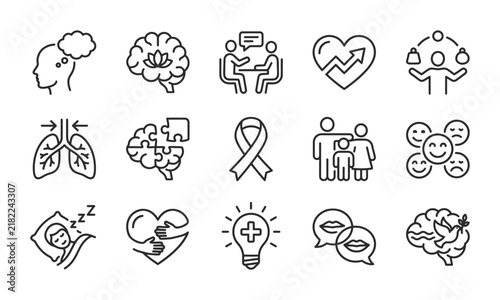 Set of thin line icons representing mental health and wellness for world mental health day awareness campaigns