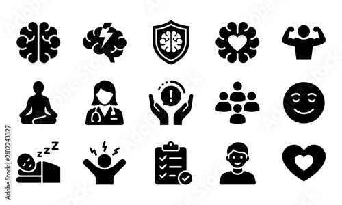 Set of black flat icons representing mental health awareness and support for world mental health day celebration