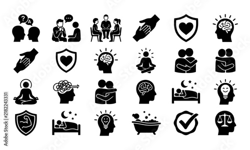 A comprehensive collection of black icons representing mental health awareness for world mental health day design projects