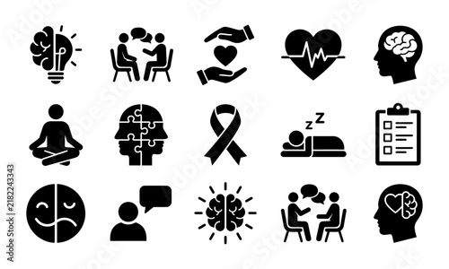 Set of black and white mental health icons for world mental health day awareness and psychological support concepts