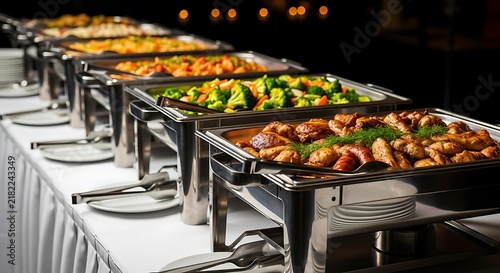 Buffet catering setup with various warm food dishes in chafing pans