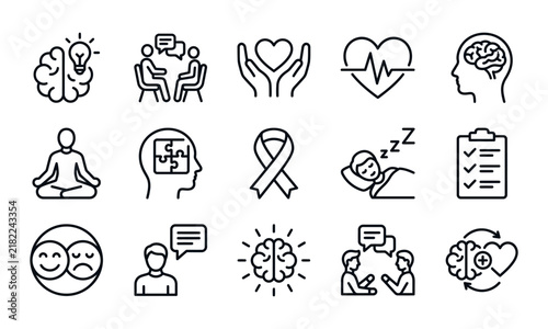 Set of mental health icons for world mental health day featuring psychology and wellness concepts in line art style