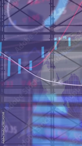 Animation of graphs, trading board and globe over modern buildings through window