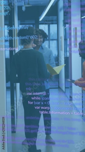 Animation of data processing against team of diverse colleagues discussing together at office