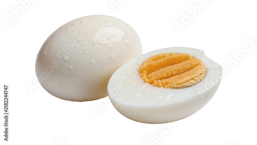Bild auf Leinwand Whole and halved hard-boiled eggs with visible water droplets, isolated on trans