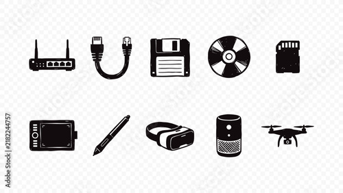 Canvas Print Digital computer hardware and IT network accessories hand drawn doodle icons fea