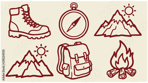 Set of hand drawn hiking and camping doodle icons including boot compass mountain backpack and campfire with pocket compass mountain peaks travel backpack burning campfire adventure symb