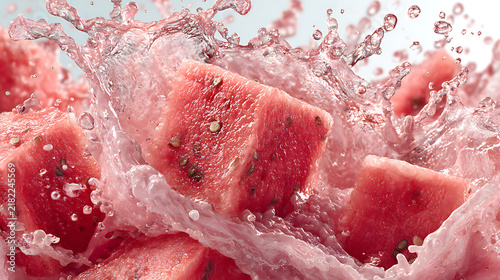 Fresh Red Watermelon Slices with Water Drops on a White Plate Close up