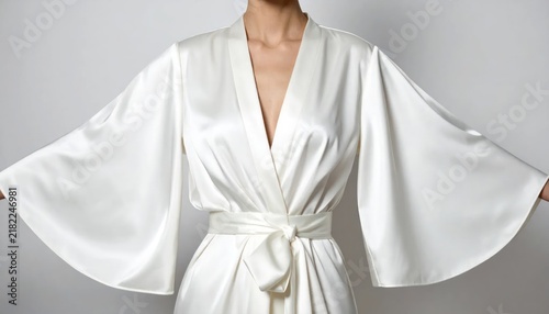 Woman wearing white satin robe with flared sleeves