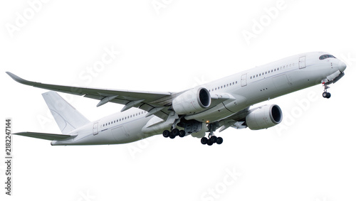 Quadro su tela Modern white passenger jet airplane with extended landing gear, isolated on tran