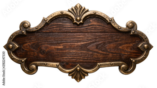 Fotografie Ornate antique wooden sign with decorative metal trim, isolated on transparent b