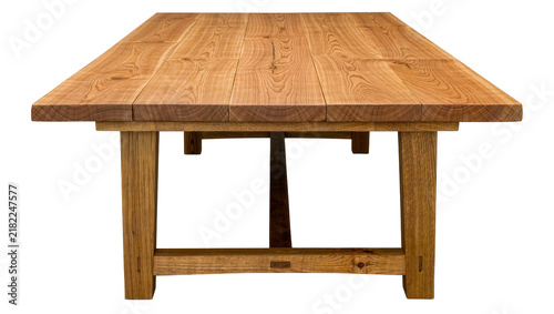 Obraz na plátně Rustic oak dining table with planked top and sturdy legs, isolated on transparen