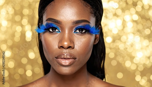 Woman with creative blue feather eyelash makeup.
