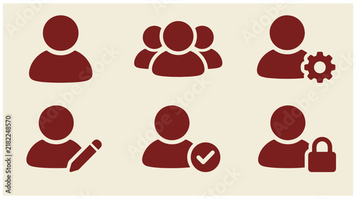 Set of user account and profile management brown icons on beige background with user icon group icon account settings verified user locked account gear icon pencil tool profile symbol