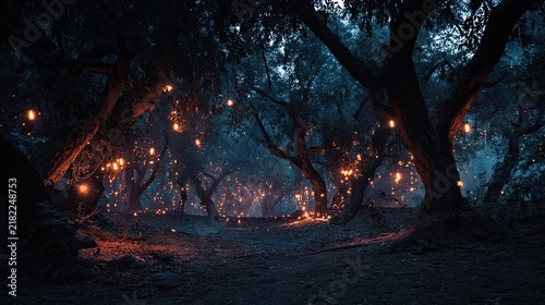 Enchanted Forest with Glowing Lanterns in Mystical Night Scene