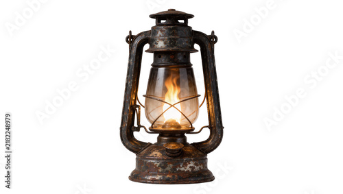 Bild auf Leinwand Antique rusty kerosene lantern with burning flame, isolated on transparent backg