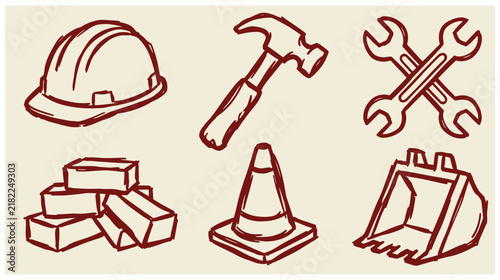 Collection of construction and excavation equipment symbols featuring a hard hat hammer crossed wrenches bricks cone and excavator bucket safety cone building site hand drawn manual work