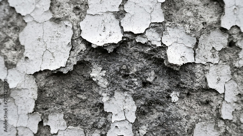 Peeling white paint on rough concrete wall