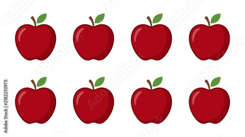 A vibrant pattern of eight fresh red apples arranged neatly in two rows on a clean white background