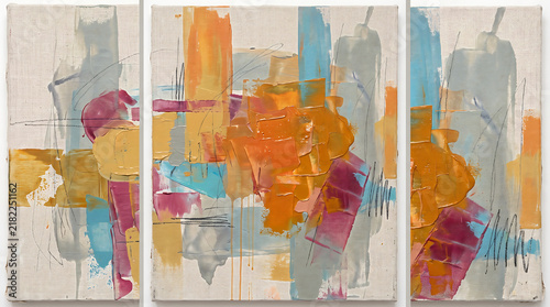 Triptych Abstract Painting with Warm Colors