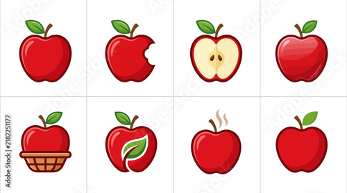 Collection of colorful and fresh apples, whole, bitten, halved, and in a basket, representing healthy eating and nature's bounty