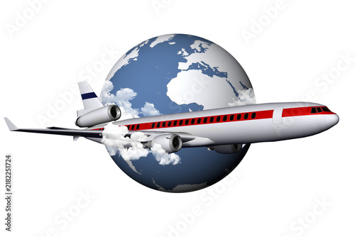 PNG. Trasparente. Aeroplano  con sullo sfondo il mondo con le sue possibili destinazioni.