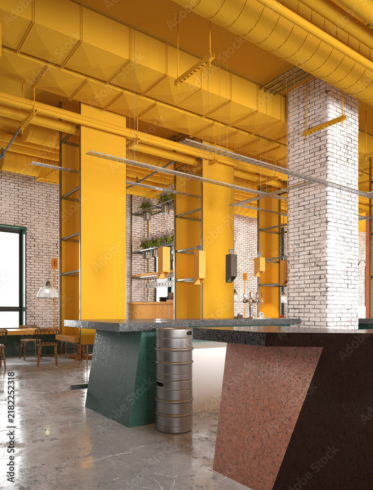 Obraz premium 3D render of a modern industrial restaurant interior featuring a bright yellow ceiling, white brick walls, and a bar.