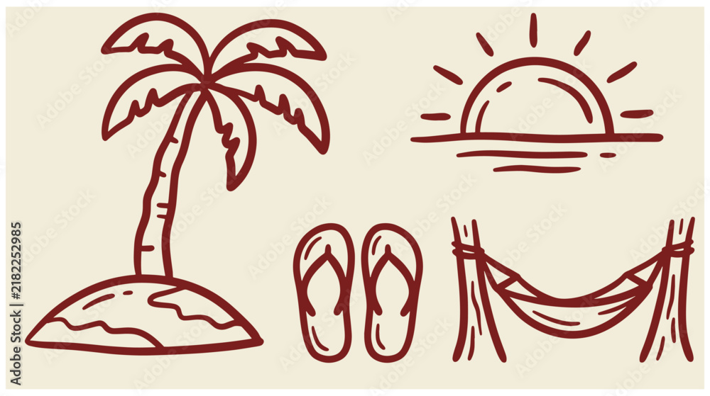 Obraz premium Hand drawn tropical vacation and summer beach doodles with palm tree sunset flip flops hammock tropical vacation illustration collection engraving paradise recreation sunshine